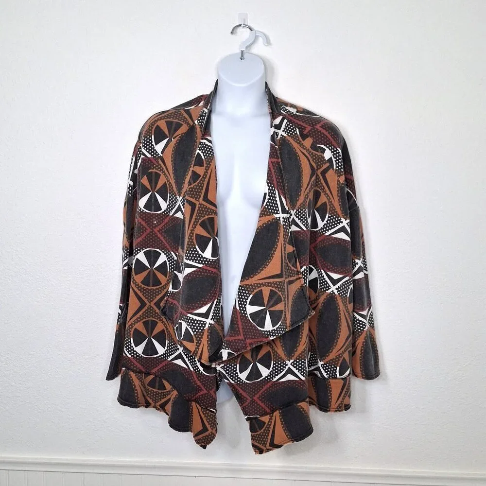 Free People Cardigan Peace Sign Graphic Sz L Oversized Artsy Boho Hippie 70s